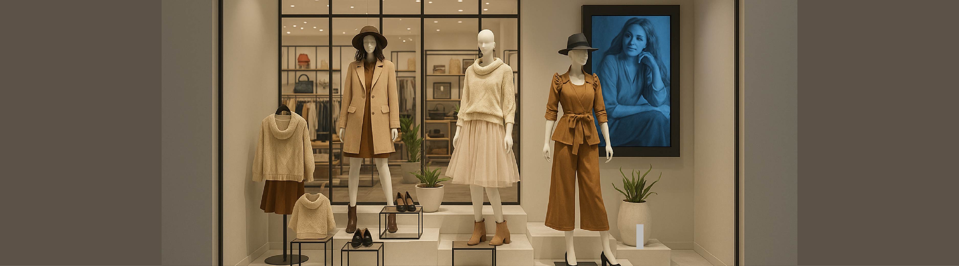 ファッション店舗のショーウィンドウでのマネキンディスプレイ例
