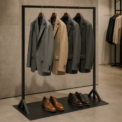 高級感のある店舗で使用されるブラックハンガーラック｜アパレル陳列什器