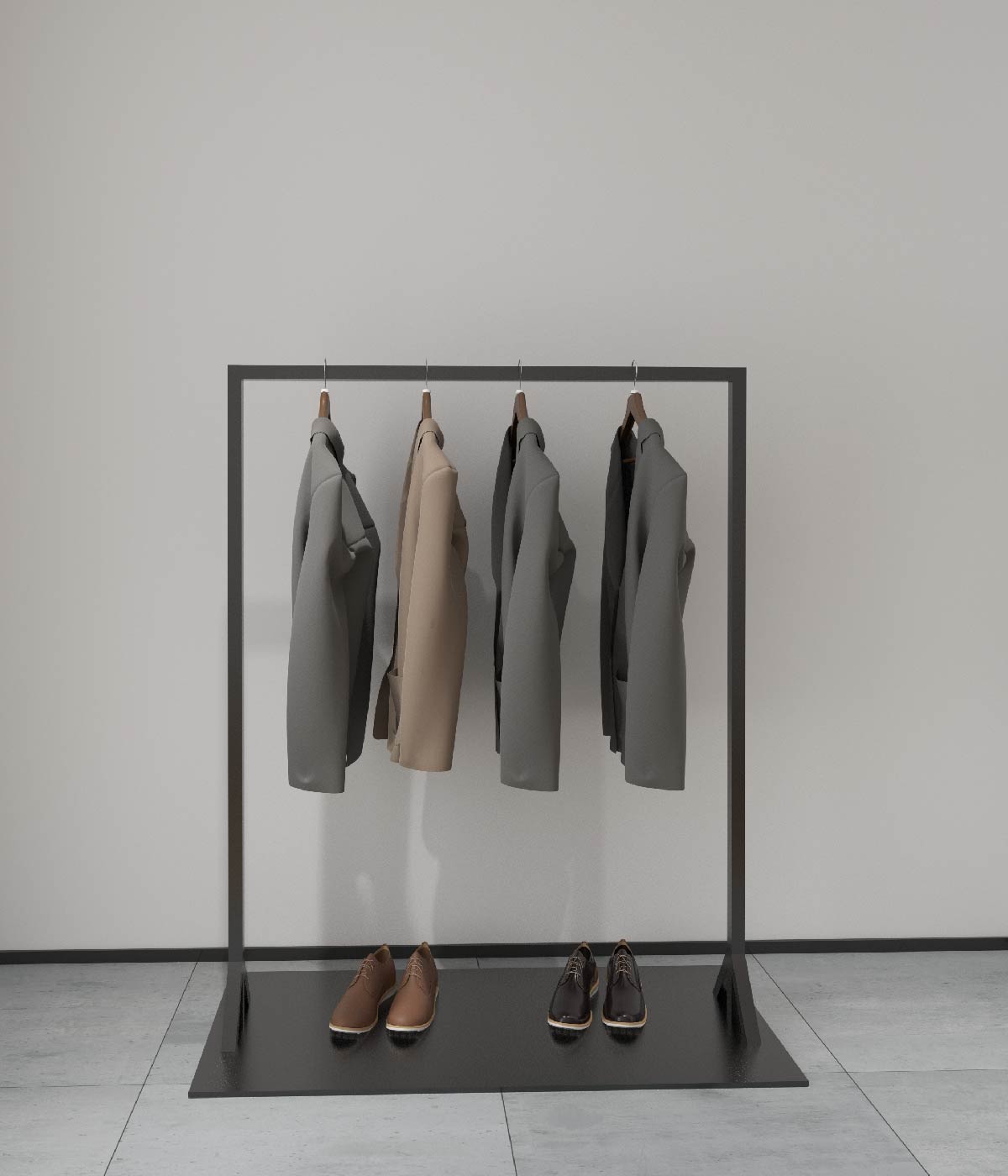 白い背景で使用されるブラック洋服ラック｜アパレル店舗向け什器