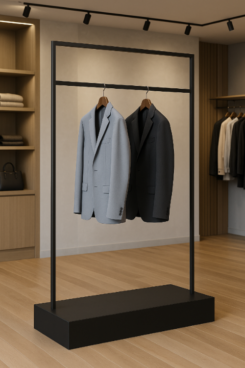 ブラックフレームのハンガーラックにジャケットを掛けたスタイリッシュなアパレル什器