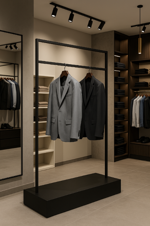 黒フレームとブラックベースのハンガーラックにスーツを展示した高級感あるショップ什器