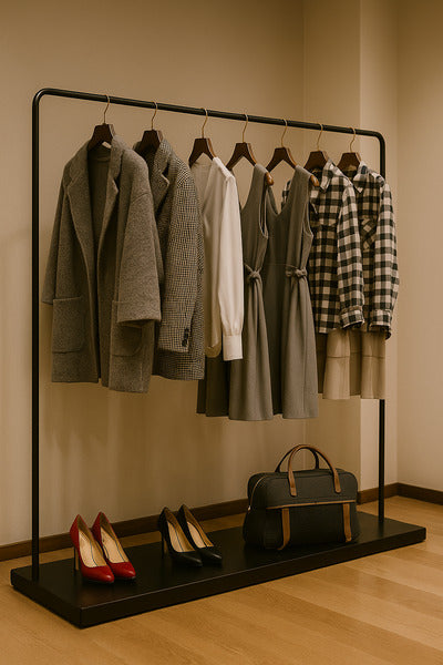 高級感のあるショップ内で黒いハンガーラックに掛けられたコートと靴の展示