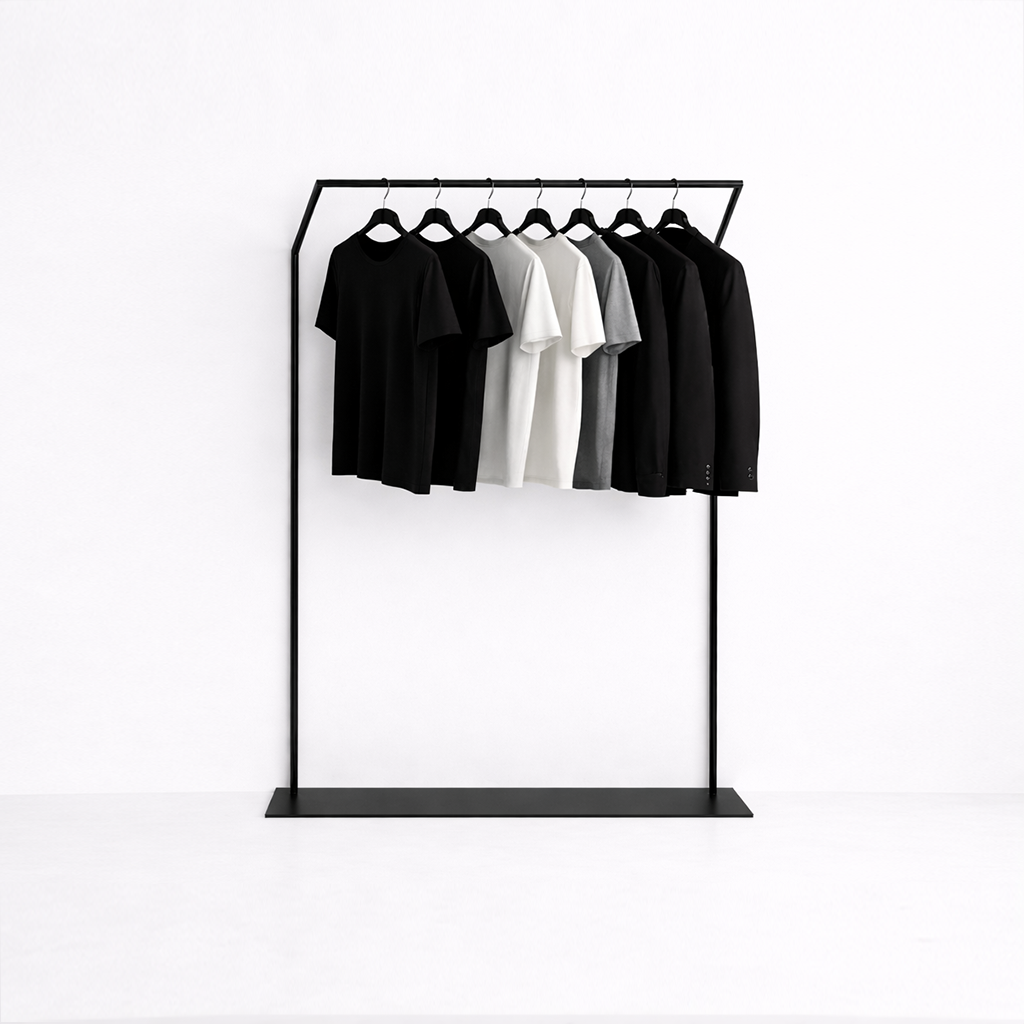 ブラックフレームのハンガーラックで衣類を展示する店舗ディスプレイ