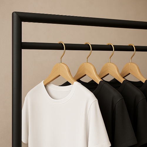 ブラックスチール製ハンガーラックのクローズアップ 木製ハンガーに掛かったTシャツ