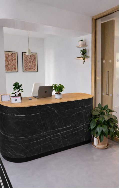 Custom-made reception desk fixtures for a dental clinic in Osaka City.