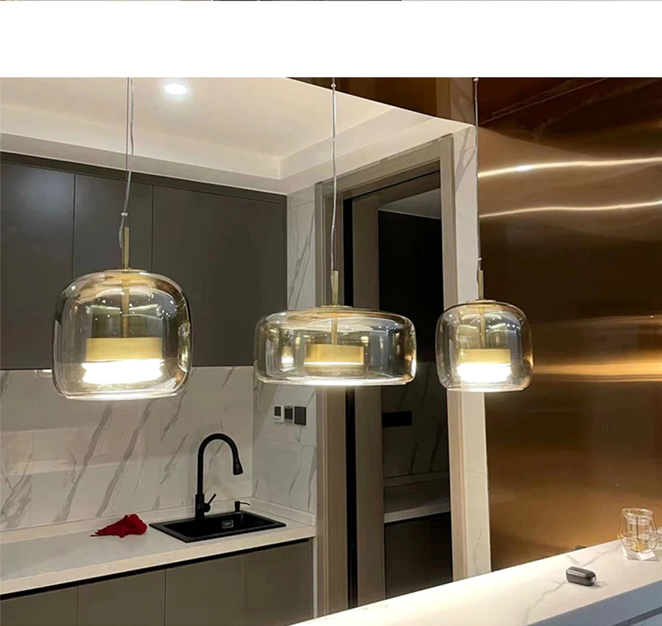 キッチンカウンターに合うコニャックガラス3灯LEDペンダントライト
