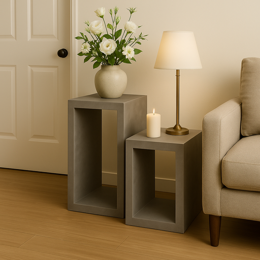 ソファ横に並べたダークグレーのネストテーブルセット