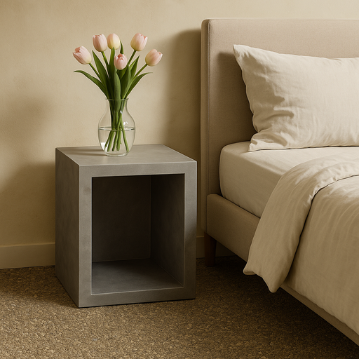 寝室に置かれたダークグレーのキューブサイドテーブルと花瓶