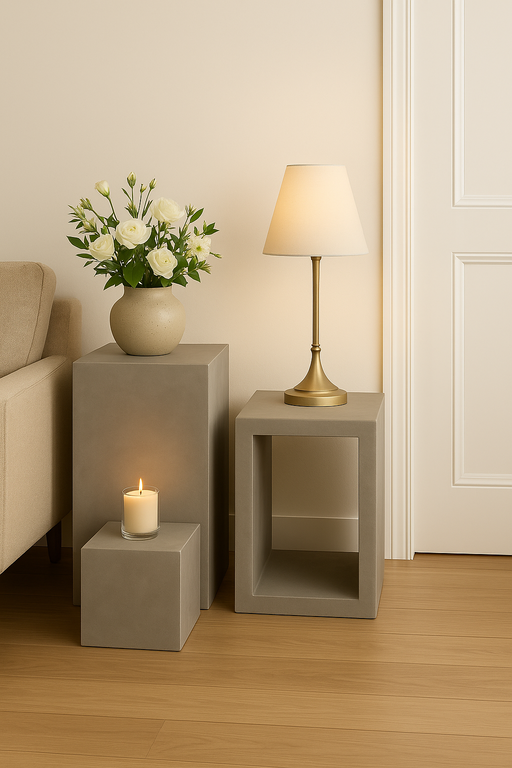 寝室に置かれた大小のキューブテーブルとキャンドル