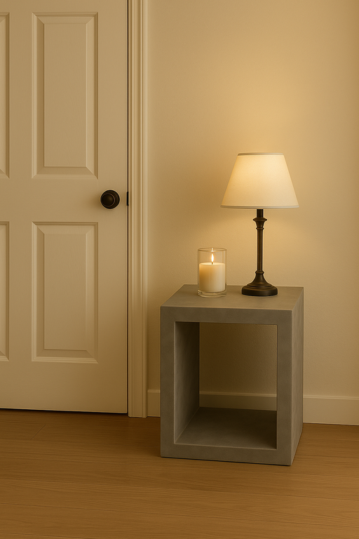 温かい照明に照らされた重ね置きのキューブテーブル