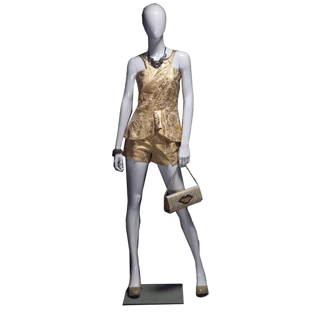 ゴールドのファッションを着用した女性マネキン｜ハンドバッグ付き・全身正面ビュー