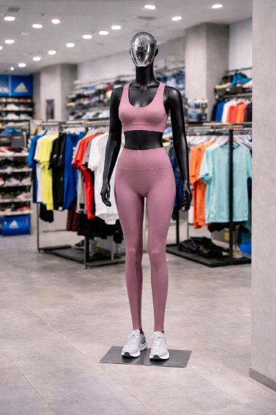 スポーツウェアを着用した女性マネキンの店舗ディスプレイ例