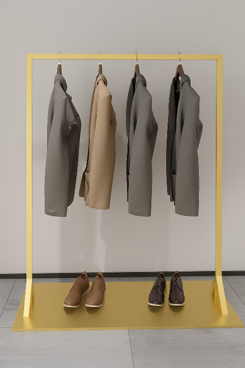 ゴールドカラーの洋服ラック｜上品で高級感のあるアパレル什器