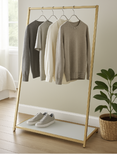 ゴールドフレームのハンガーラックに淡色トップスを掛けたナチュラルな室内ディスプレイ