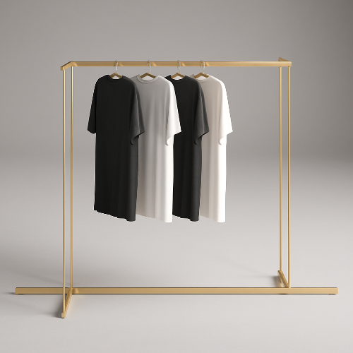 ゴールドフレームのハンガーラックにモノトーンTシャツを掛けたエレガントな展示ディスプレイ