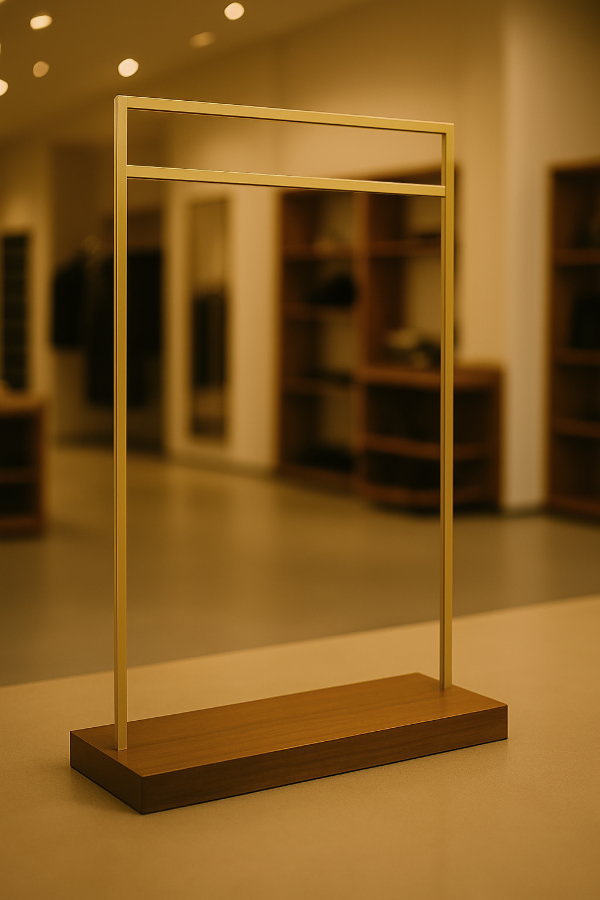 ゴールドフレームとウッドベースのミニマルなハンガーラックディスプレイ