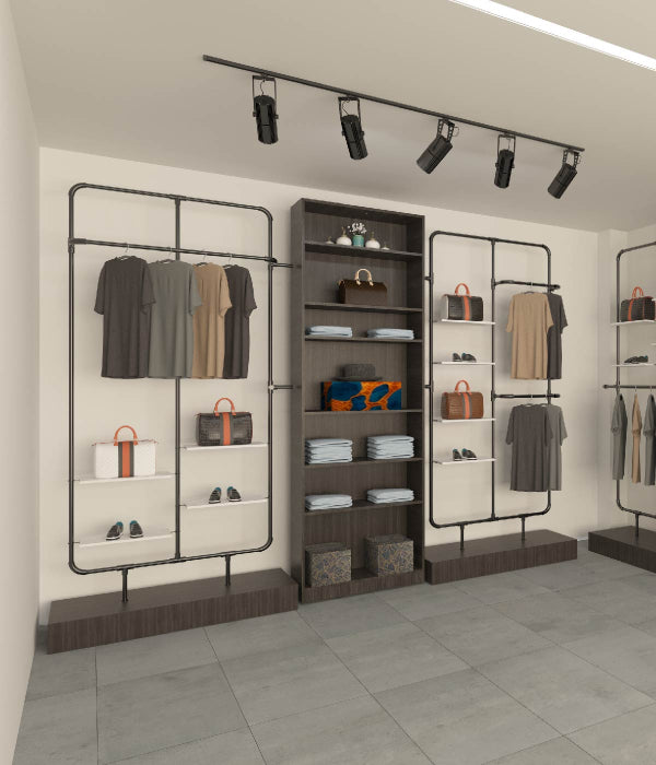 モダンな多機能シェルフ付きのモダンな金属フレームアパレルディスプレイラック - ブティック、メゾン、アパレルショップに最適機能付きアパレルラック - ブティック、メゾン、アパレルショップに最適