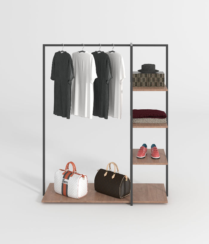 サイドシェルフ付きのミニマルな金属フレームハンガーラック - ブティック、メゾン、アパレルショップに最適