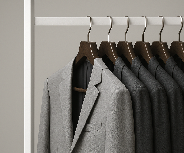 ハンガーラックに掛けられたジャケットの質感を捉えたクローズアップ写真