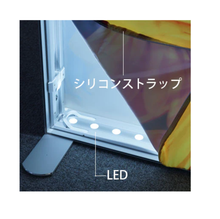 展示会や店舗ディスプレイで使えるLEDファブリックライトボックスのシリコンストラップとLED照明のディテール