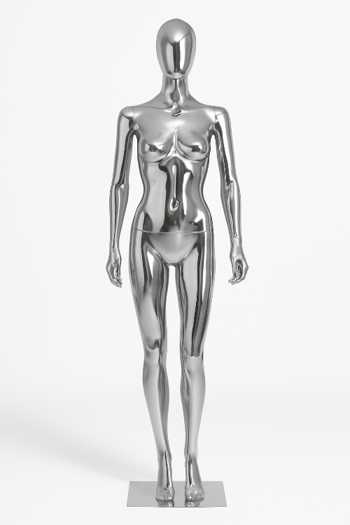クローム仕上げの女性マネキン全身正面ビュー｜ミラースタイル展示モデル
