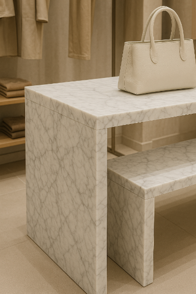 バッグを置いた大理石調ベンチの店内コーディネートディスプレイ