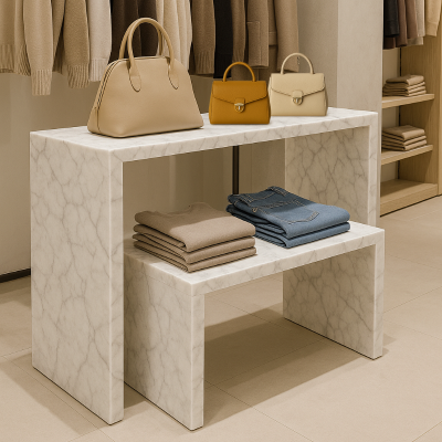 大理石調のベンチをアパレルショップに配置したインテリアディスプレイ