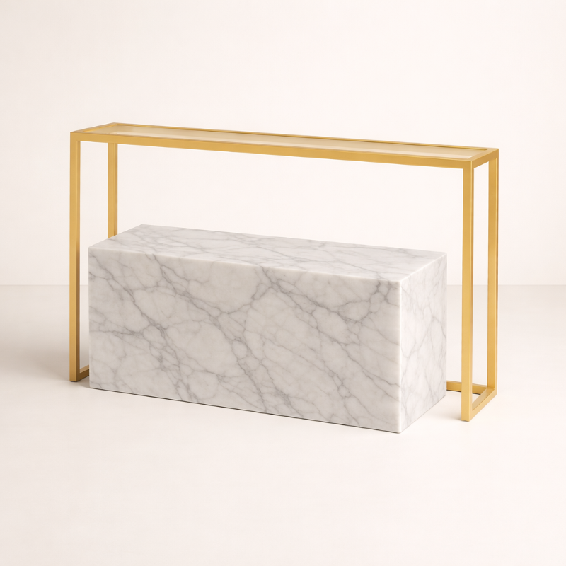 大理石調とゴールドフレームのコンソールテーブル・高級感ディスプレイ什器