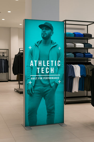 モバイルライトボックスを使用したスポーツアパレル向け縦型販促ディスプレイ 店舗や展示会向け自立式LEDサイン