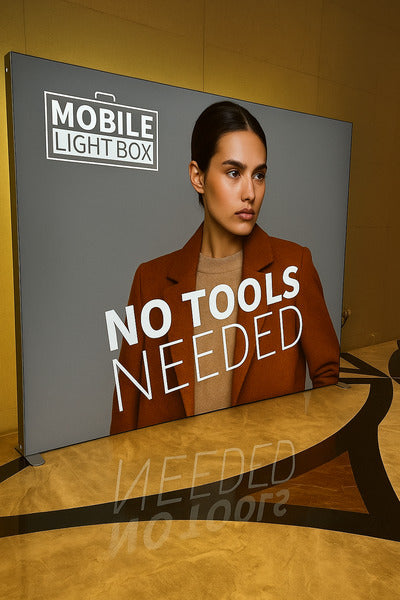 モバイルライトボックスを使用した自立式バックパネルディスプレイ 展示会やイベント向け大型販促サイン