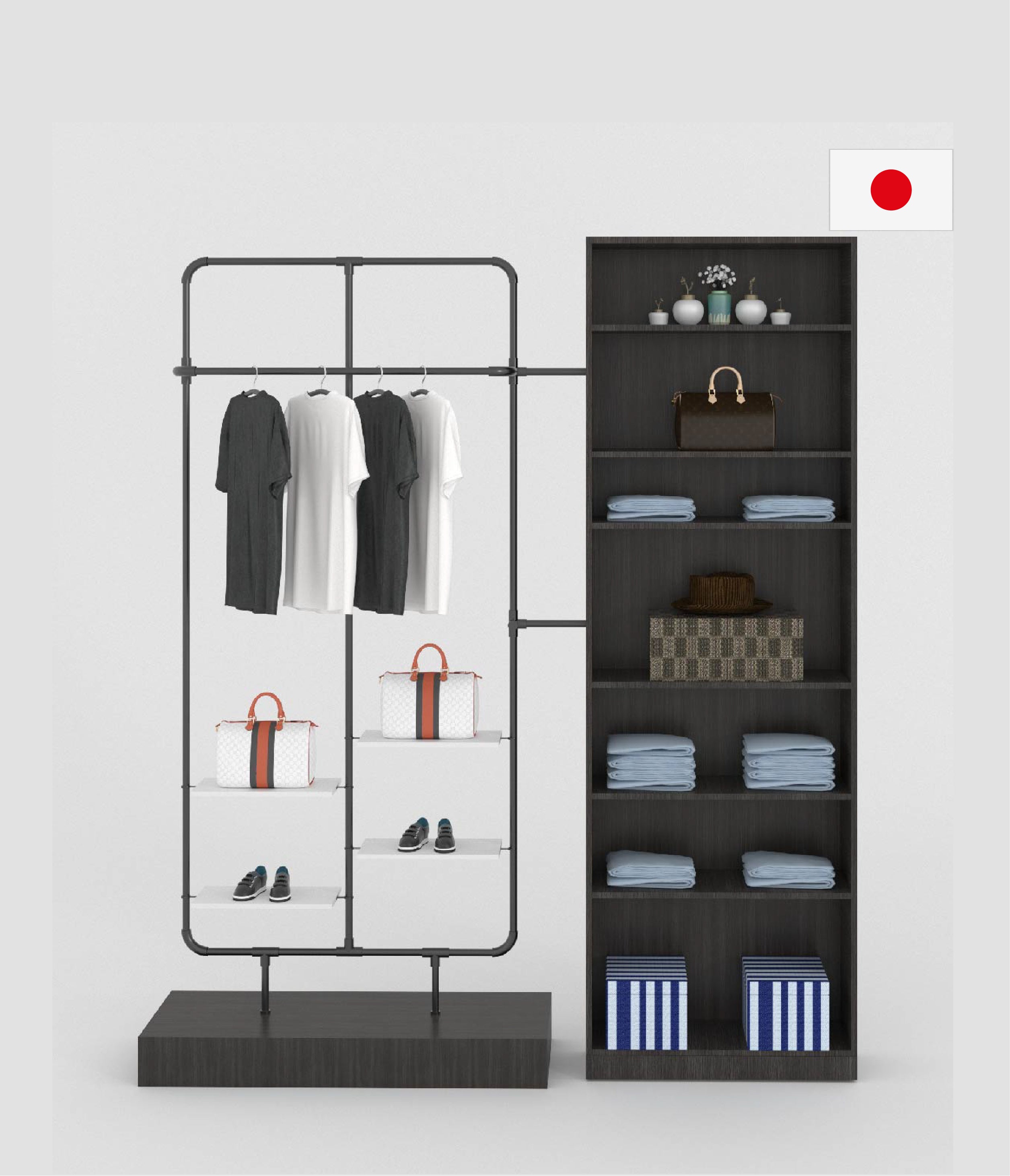 ハンガーラックと収納シェルフを連結したアパレル店舗向けディスプレイシステム什器