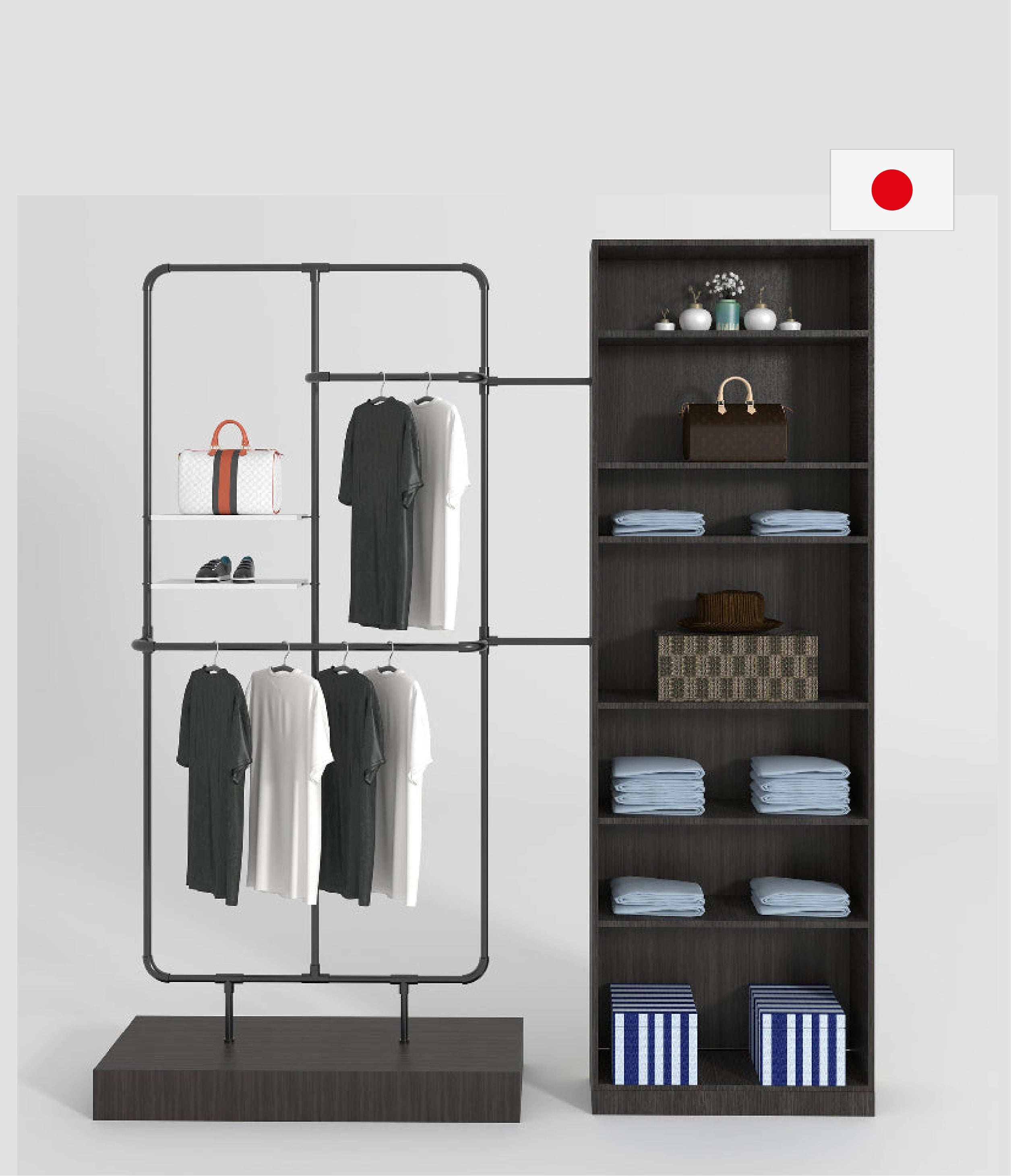 ハンガーラックと収納シェルフを連結したアパレル店舗向けディスプレイシステム什器
