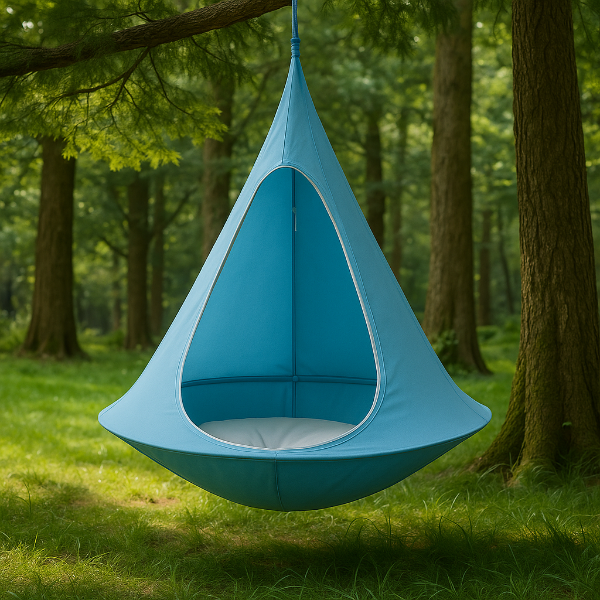 森で使用されているライトブルーのハンギングスイングチェア