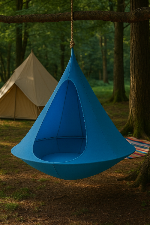 森で使用されているライトブルーのハンギングスイングチェア