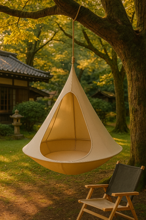 森の中で吊り下げられたクリーム色のスイングチェア