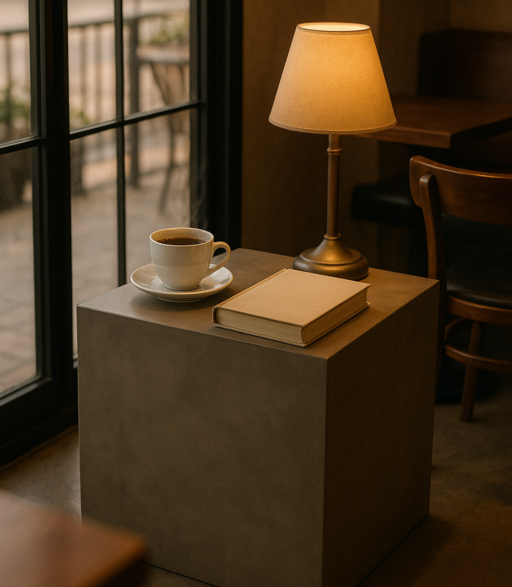 アート作品を飾ったダークグレー展示台のディスプレイシーン