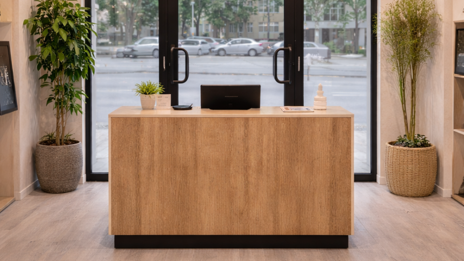 アパレルショップのレジスペースに設置された木製チェックアウトカウンター