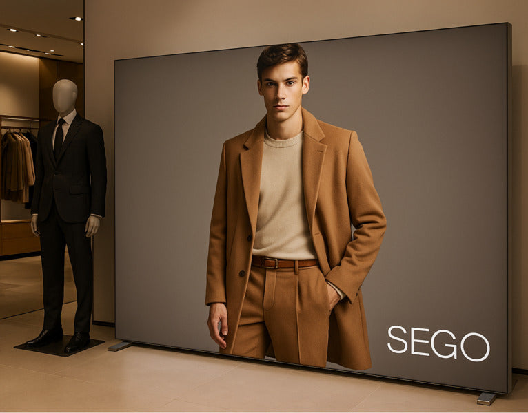 SEGOライトボックスバックパネルを設置したアパレル店舗ディスプレイ メンズファッション向け大型販促サイン