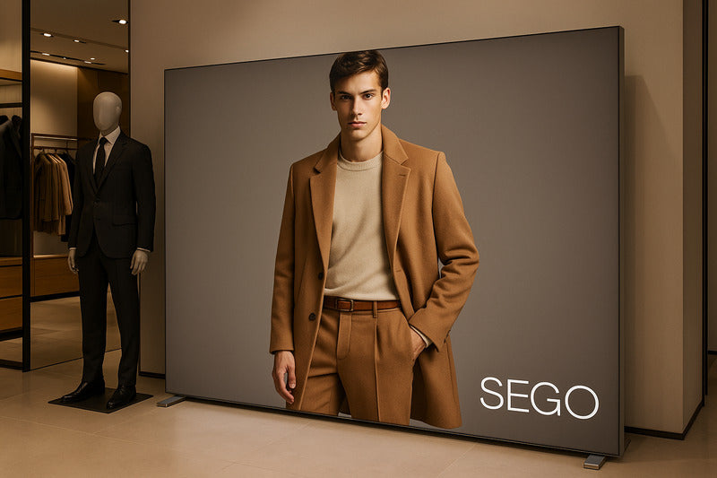 SEGOライトボックスバックパネルを設置したアパレル店舗ディスプレイ メンズファッション向け大型販促サイン