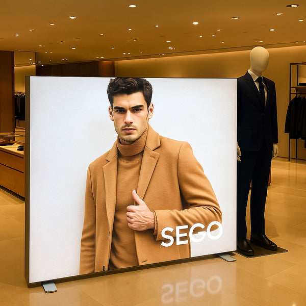 SEGOライトボックスバックパネルを設置したアパレル店舗ディスプレイ メンズファッション向け大型販促サイン