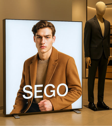 SEGOライトボックスバックパネルを設置したアパレル店舗ディスプレイ メンズファッション向け大型販促サイン