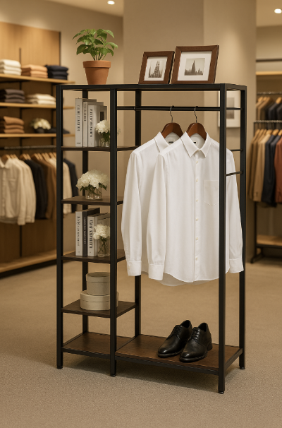シェルフ付きハンガーラックに衣類とインテリア雑貨を配置した店舗ディスプレイ