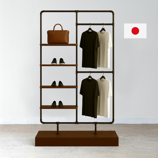 左側に棚、右側にハンガーラックを備えた衣類ディスプレイラック｜バッグと洋服をスタイリッシュに陳列した什器