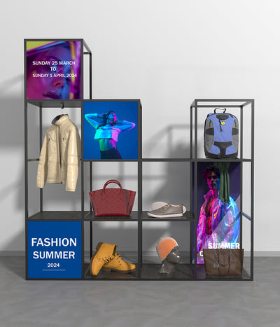 マネキン、デジタルスクリーン、バッグ、靴などを陳列したブラックのモジュラーディスプレイ棚｜ファッション店舗向けの多用途什器