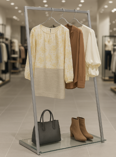 シルバーフレームの衣類ラックにトップスとバッグを展示したアパレルショップディスプレイ