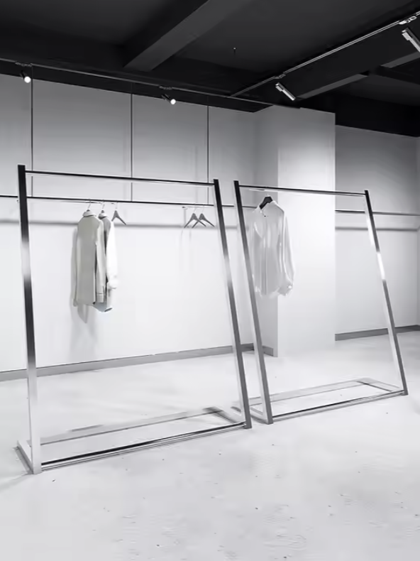 複数のシルバーフレームハンガーラックを並べた店内ディスプレイ