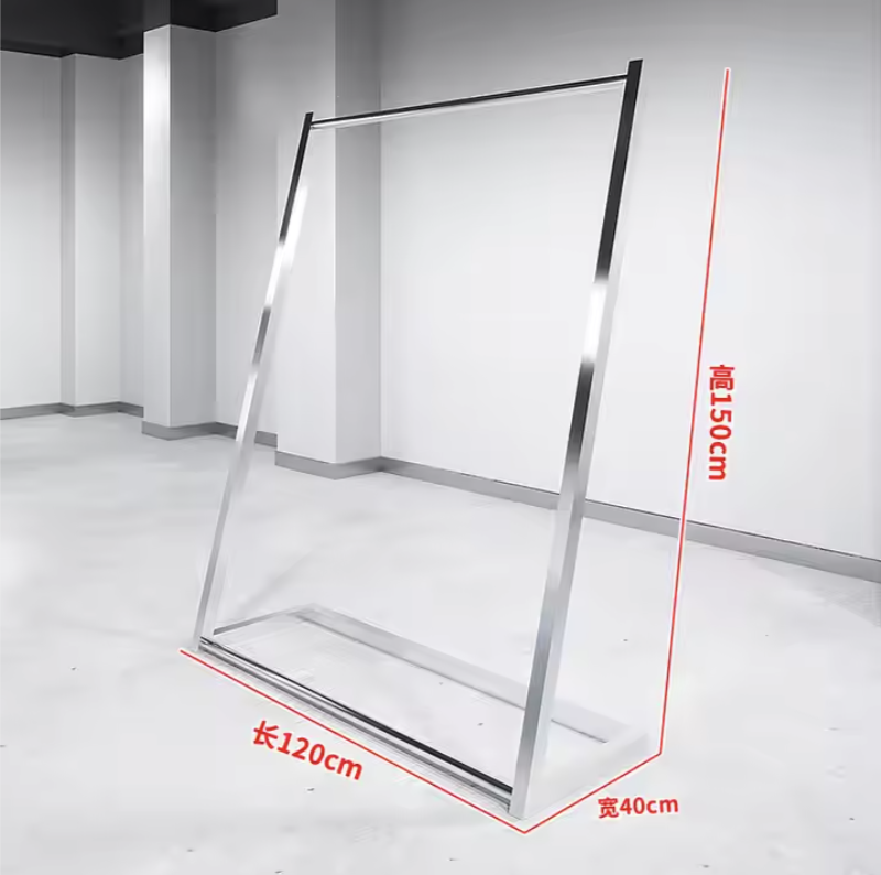 大型シルバーフレームハンガーラックのサイズ表記付きデザイン画像（幅120cm・高さ150cm・奥行40cm）