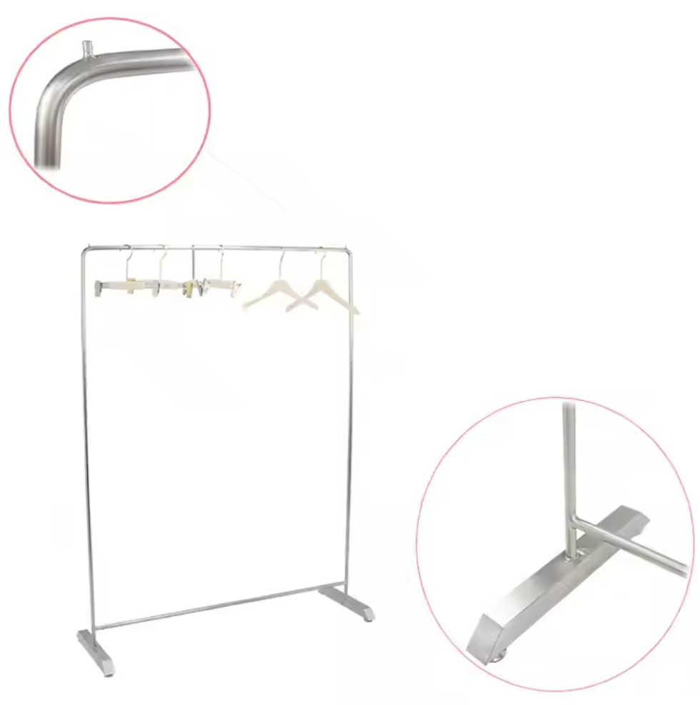 シルバーフレームハンガーラックの角部分と脚部ディテールを示した説明画像