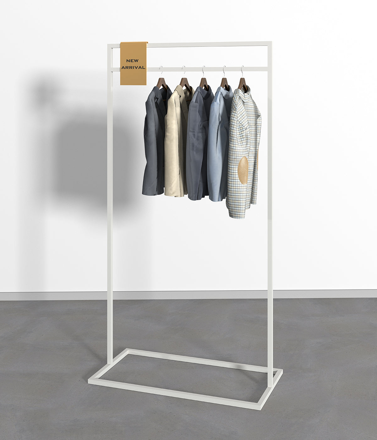 ホワイトカラーの下棚付きハンガーラック｜シンプルで清潔感のある洋服ディスプレイスタンド