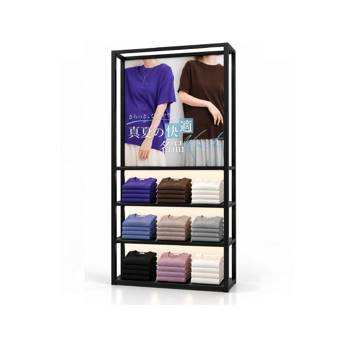 WEONEのブラックフレームのバッグディスプレイラック。ポスター付き多段棚の店舗用什器